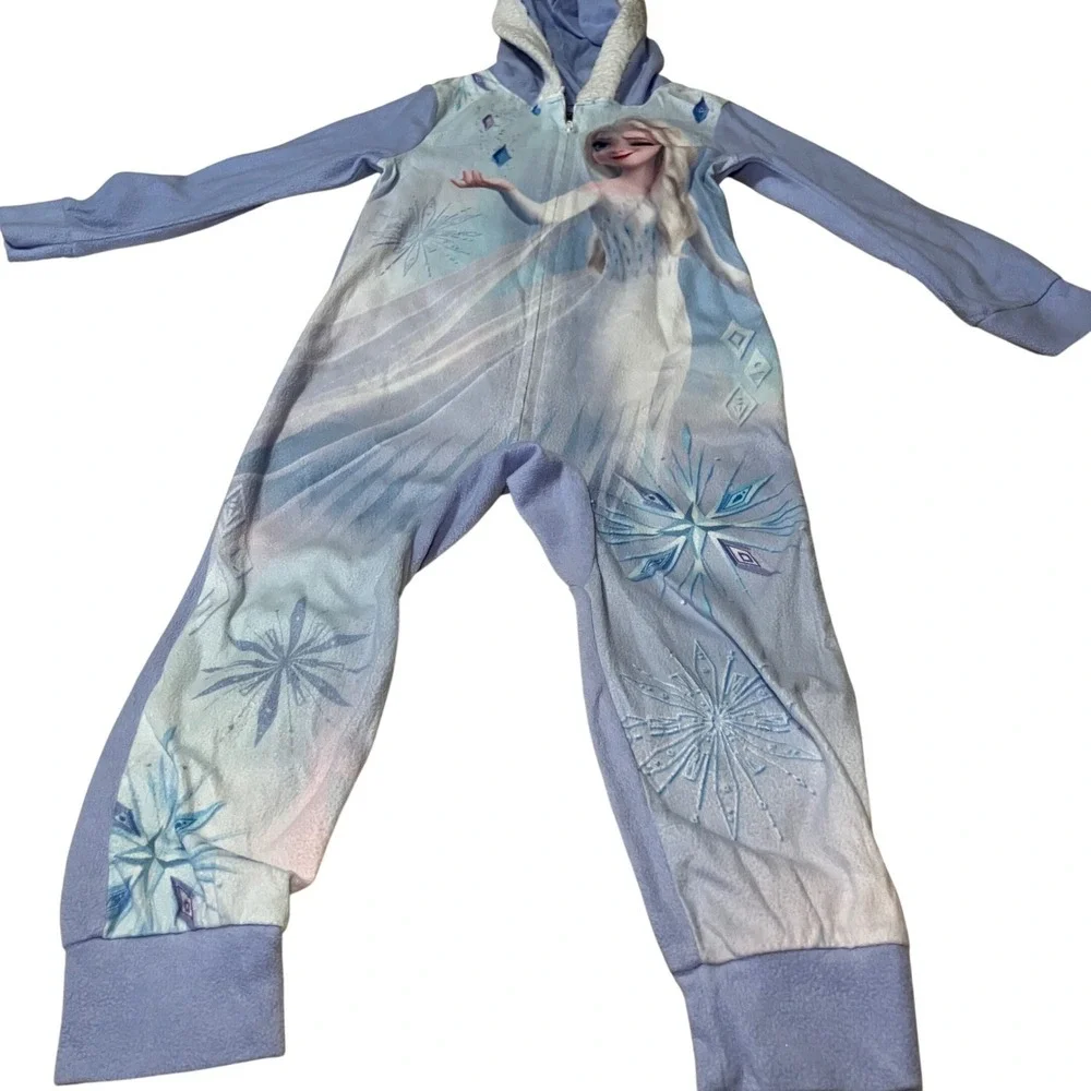 Disney Frozen Elsa Girls Size 5T Hooded Fleece One Piece Pajama Sleeper Blue